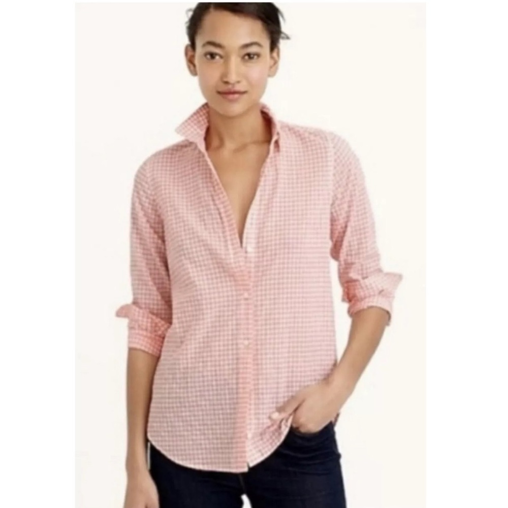 J Crew pink gingham button plaid blouse 4 women check shirt cotton preppy coasta